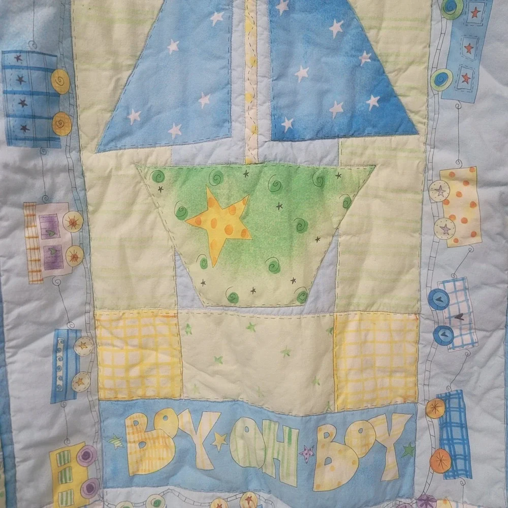 Vintage Nursury Boy Oh Boy Nautical Sailboat Train Baby Quilt Blue Green 26x36